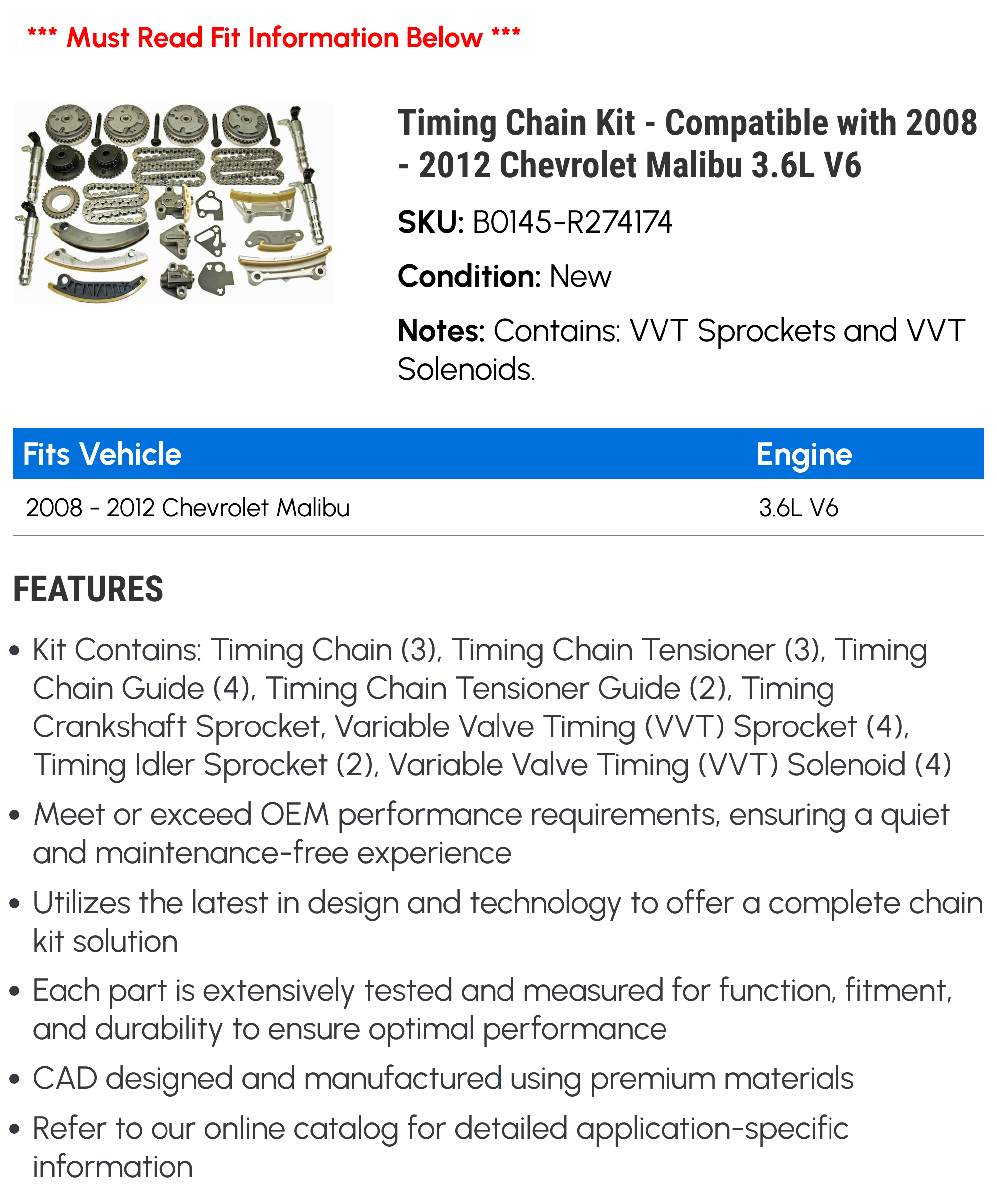 Timing Chain Kit for 2008-2012 Chevy Malibu 3.6L V6 G605234