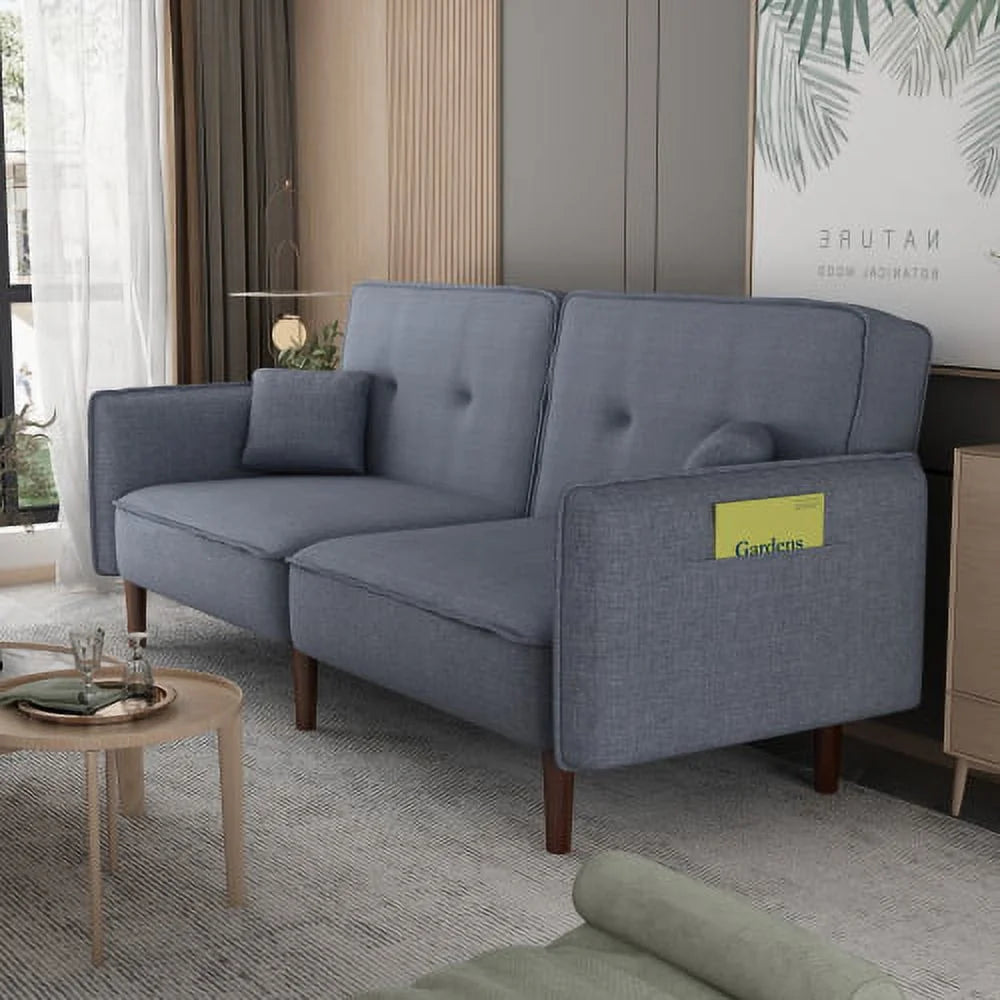 Grey Fabric Futon Sofa Bed with Solid Wood Leg P459