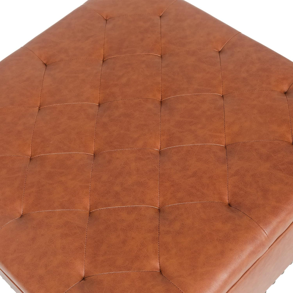 Camel Faux Leather Storage Ottoman Bench with Wood Legs V491423